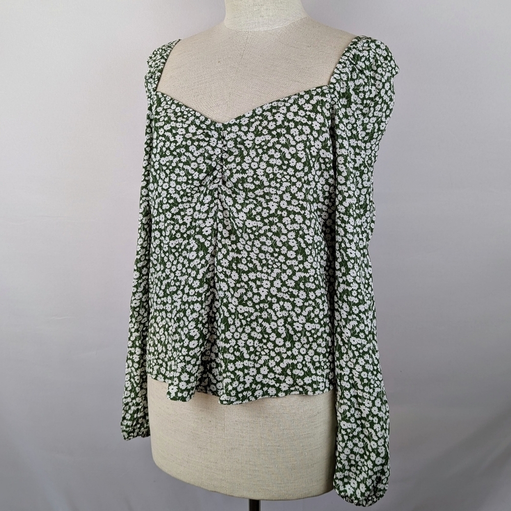 Boden Top Sweetheart Neckline Long Blouson Sleeve Tulip Sprig Print Green 6 NWT - Picture 9 of 14